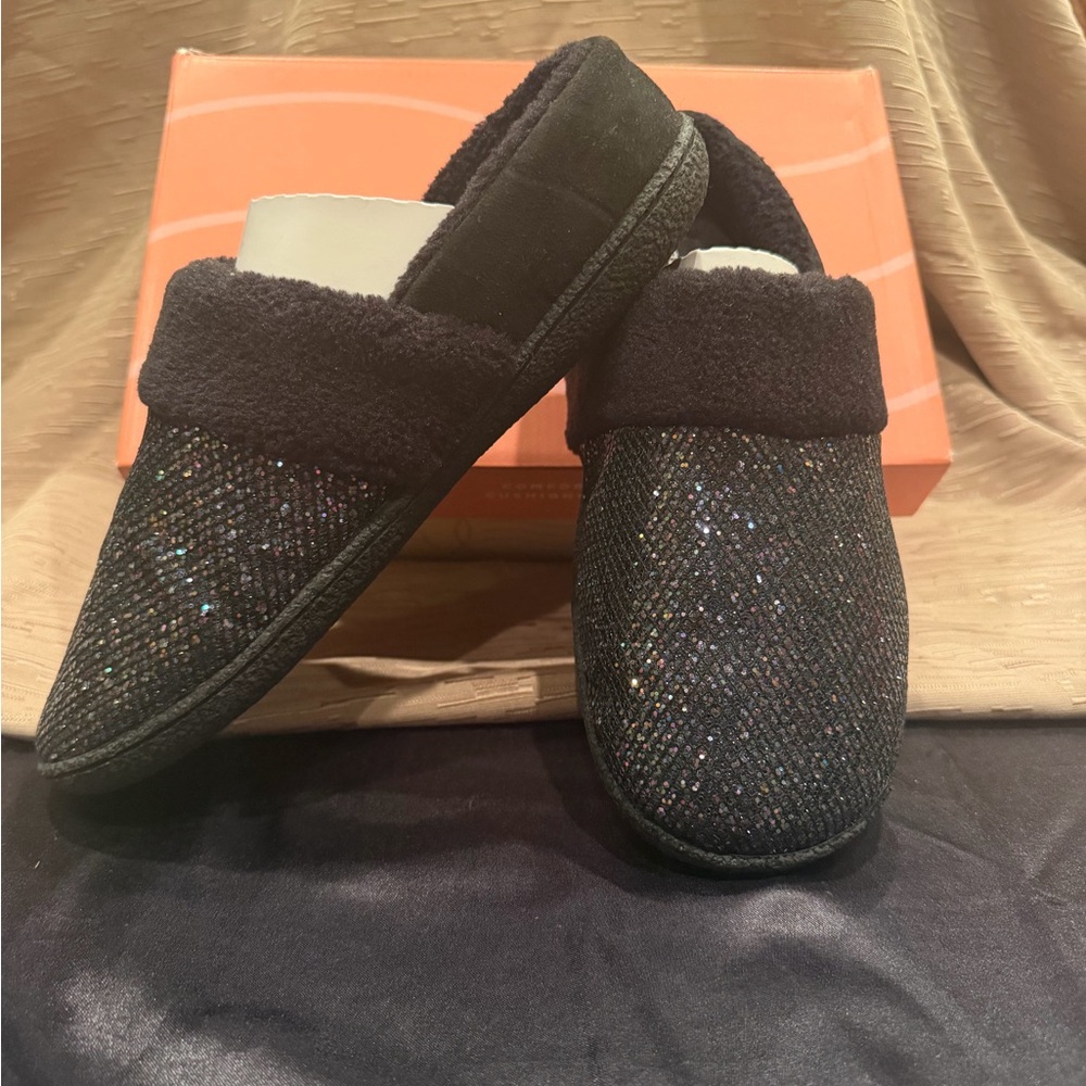 Easy Spirit Black Glitter Plush Cuff Slip-On Slippers